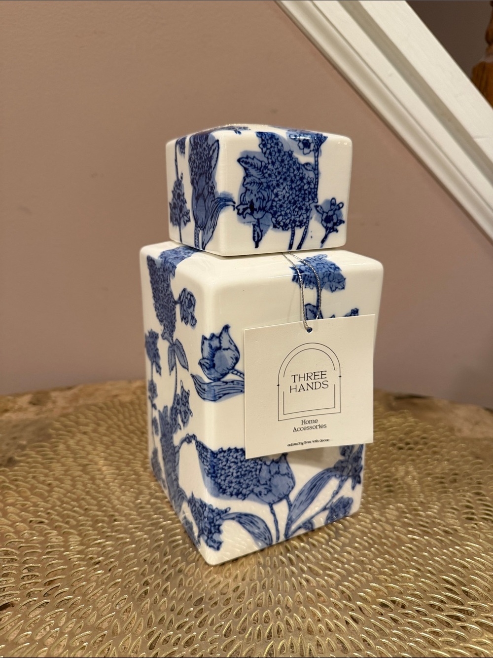 Three Hands Decorative Blue and White Floral Ceramic Lidded Accent Jar